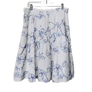 Dressbarn Skirt Womens 12 White Embroidered Floral Linen Pleated Midi Lined